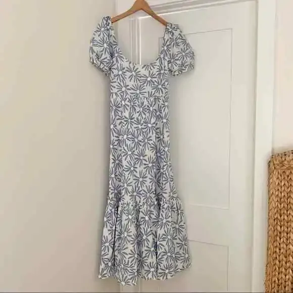 New $398 Ralph Lauren 100% Linen Long Floral Maxi Dress White Blue Size 2 - Picture 2 of 12